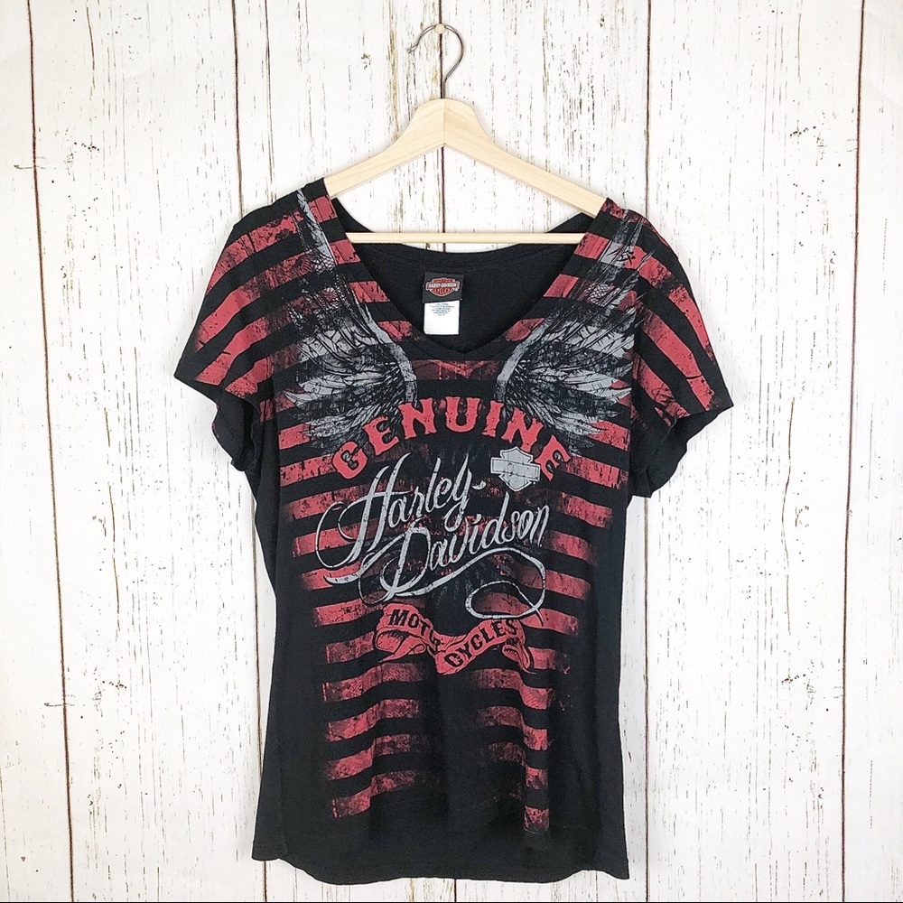 Harley Davidson Women’s Red and Black V-Neck Tee